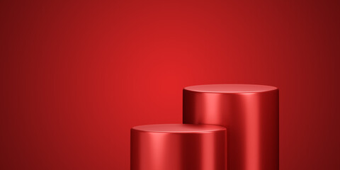 Luxury cosmetic podium background display on 3d red stage product stand with spotlight presentation scene empty sale showcase platform mockup banner realistic studio creative elegant fashion concept.