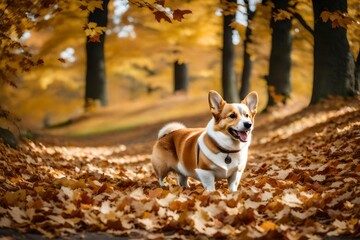 Elevate your mood with the infectious happiness of a Welsh Corgi Pembroke, enjoying the crisp autumn air amidst a blanket of fallen leaves.