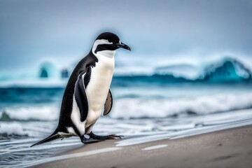 Explore the magical landscapes of Antarctica with an enchanting image featuring a chinstrap penguin on the pristine icy beach.
