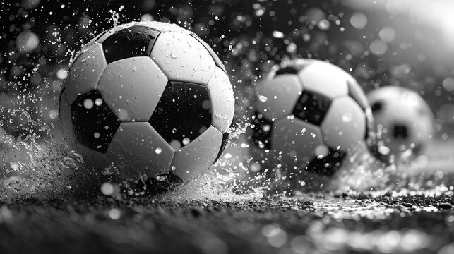 Black and white soccer and football ball in the field. Horizontal sport theme poster, greeting cards, headers, website and app