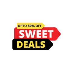 Sweet deals, upto 50% off, sales promotion banner. Shape of arrows pointing to the right, stacked on top of each other.