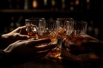 Hands with cheers whiskey glasses. Group of friends toast celebration moment. Generate ai
