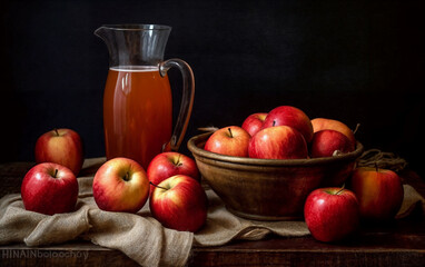 a painting of apples and a pitcher of honey on a tablecloth with a cloth on the tablecloth, generative ai