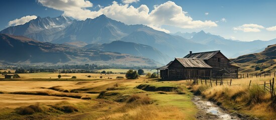 beautiful old wooden house with mountains in the background