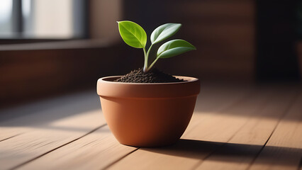 A green young sprout with three leaves grows in a clay pot. The plant stands near a window with sunlight. Concept of growing plant, gardening, eco materials