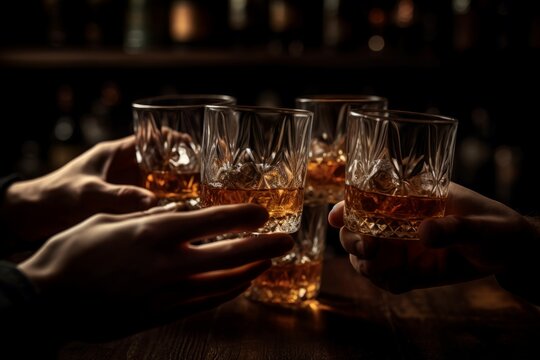Hands with cheers whiskey glasses. Group of friends toast celebration moment. Generate ai