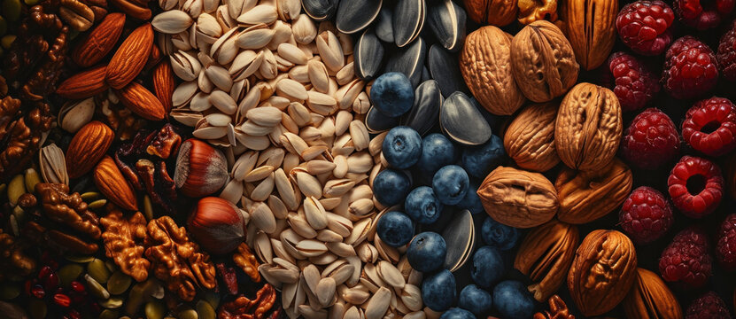 Nature&rsquo;s palette: a rich blend of nuts and berries offers a feast of textures and healthful benefits, bursting with flavor and vitality
