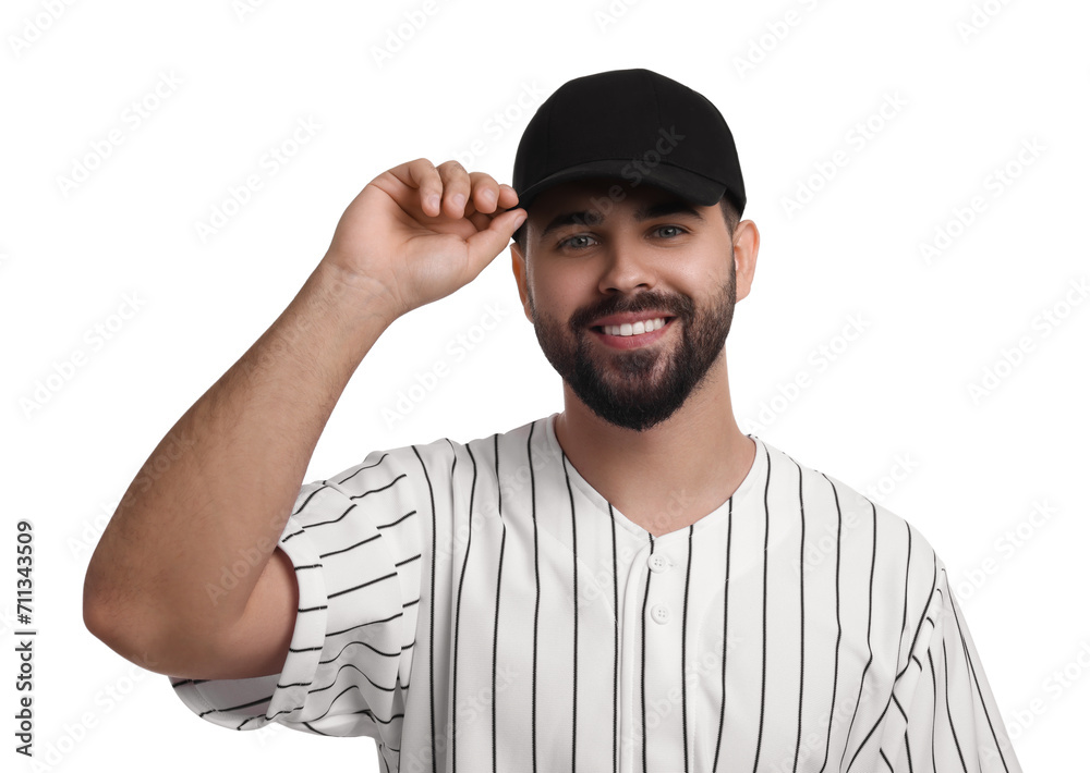 Wall mural Man in stylish black baseball cap on white background