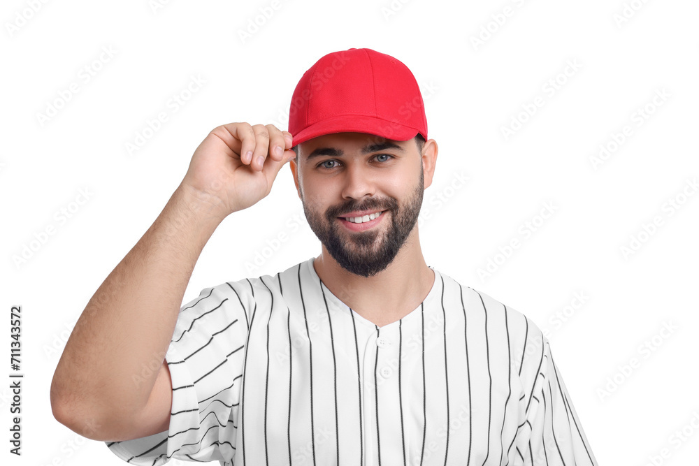 Wall mural man in stylish red baseball cap on white background - Wall murals