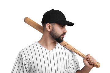 Man in stylish black baseball cap holding bat on white background