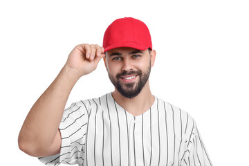Man in stylish red baseball cap on white background