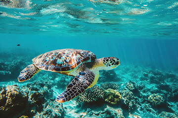 Obraz na płótnie Canvas Hawksbill turtles swim gracefully in the ocean.