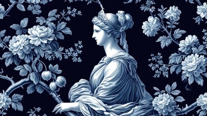 Naklejka premium Divine Elegance. Greek Goddesses, Statues, and Floral Patterns Unite in Exquisite Design