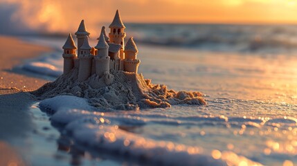 A collection of sandcastles along the waterline - obrazy, fototapety, plakaty