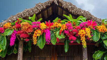 Fototapeta na wymiar A traditional tiki hut adorned with vibrant floral decorations