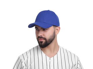 Man in stylish blue baseball cap on white background