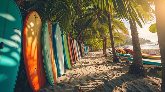 An adventurous surfing school with colorful boards lining the shore