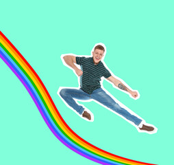 Fototapeta na wymiar Pop art poster. Happy man jumping near rainbow on aquamarine background