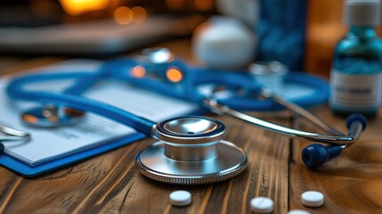 stethoscope on table with medical document and pills, health, healthcare and medical facilities concept