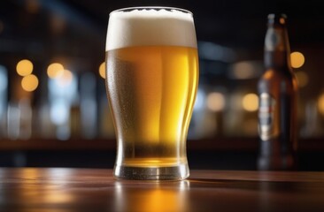 A glass of beer on a dark blurred background. Beer place for text