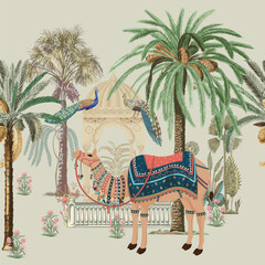 Traditional desert oasis garden camel, peacock, palm tree vector illustration pattern
