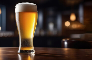 A glass of beer on a dark blurred background. Beer place for text