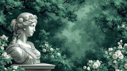 Fototapeta na wymiar Goddess Grace. A Captivating Pattern Design Featuring Greek Deities, Statues, and Floral Elements 