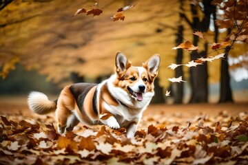 Capture the delightful moments of an adorable Welsh Corgi Pembroke, happily bred amidst the vibrant fallen leaves of autumn.
