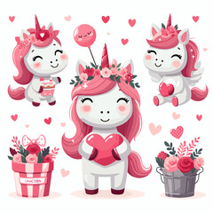 cute unicorn with pink heart for valentine day