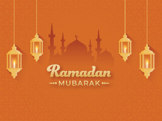 Ramadan Mubarak Poster Design with Hanging Illuminated Lanterns against Orange Silhouette Mosque Illustration.