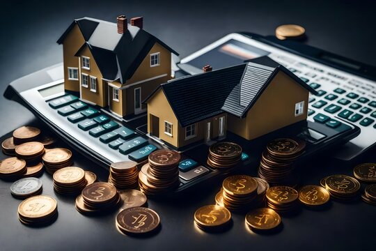 Visualize the journey of property investment with our compelling photo capturing a house model, stacked coins, and a calculator on a contract – a symbol of financial planning.