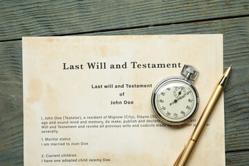 Last Will and Testament, pocket watch and pen on rustic wooden table, top view