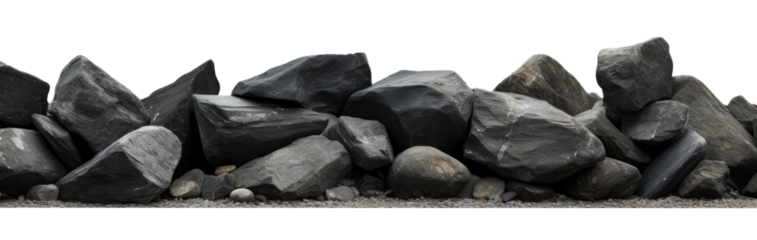 black rocks or charcoal, collapsed wall on the ground, beach side wall ,huge rocks ,isolated on a transparent background. PNG cutout or clipping path.	
