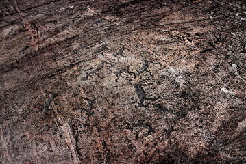 Cave paintings of ancient people, petroglyphs. Archaeological site, Zalavruga, Republic of Karelia. Russia.