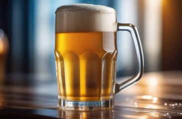 A glass of beer on a dark blurred background. Beer place for text