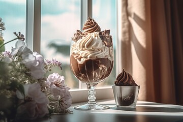Delicious ice cream chocolate with whipped cream. Delectable sweet summer dessert in glass. Generate ai