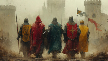 A Painting of a Row of Medieval Holy Warriors Wearing Colorful Tabards Marching Towards a Fortress - obrazy, fototapety, plakaty