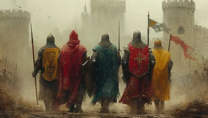 Foto op Canvas A Painting of a Row of Medieval Holy Warriors Wearing Colorful Tabards Marching Towards a Fortress © Adam