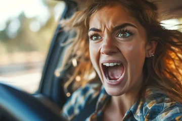 Fotobehang Road accident, female driver screaming in panic. Close-up of a young woman driving a car, shock and fear emotion on face © Sergio