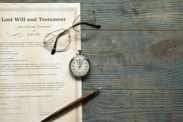 Last Will and Testament, pocket watch, glasses and pen on rustic wooden table, flat lay. Space for text
