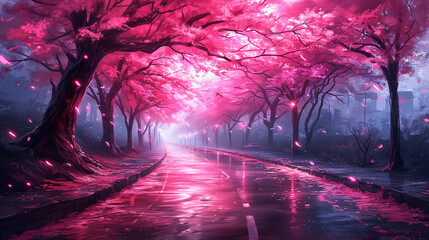 magical pink forest with glowing leaves, reflecting on a wet path under a twilight sky
