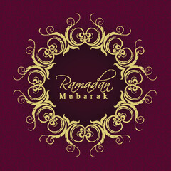 Golden Ramadan Kareem Font Message over Mandala Frame on Pink Arabic Floral Pattern Background. Can Be Used Design as Greeting Card.