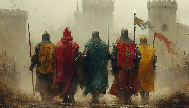 A Painting of a Row of Medieval Holy Warriors Wearing Colorful Tabards Marching Towards a Fortress