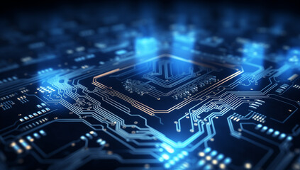 electronic circuit board with blue LED light, in the style of geometry-inspired, orton effect, symbolic