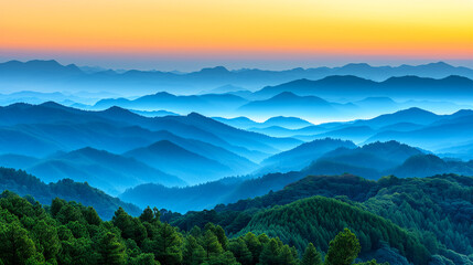 Fototapeta premium Dawn breaks over a peaceful forest with multiple layers of mountains fading into the distance under a soft orange sky