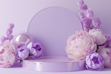 round empty podium and peony flowers around the podium in pastel purple colors