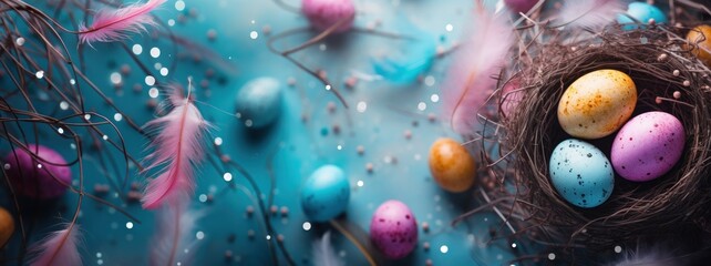 Easter eggs, feathers in a nest on a blue wooden background. The minimal concept. Top view. Card with a copy of the place for the text. - obrazy, fototapety, plakaty
