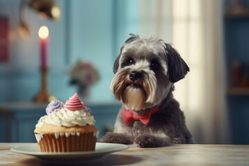 Dog with tie birthday cupcake with candle. Puppy celebration festive party dessert. Generate ai