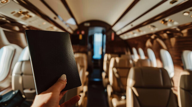 hand holding a mock-up passport on the background inside the cabin of a private plane 