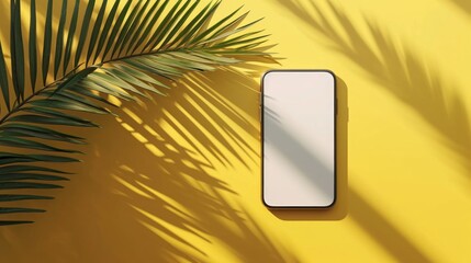 Smartphone mock-up with a white blank screen with a palm leaf shadow isolated on a yellow background at sunset. Creative layout. mockup top view, flat lay